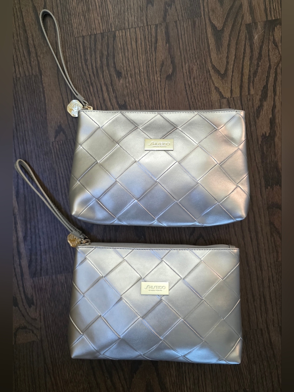 2 x SHISEIDO Makeup Bag gold faux leather Cosmetic Toiletry Pouch lot set - New